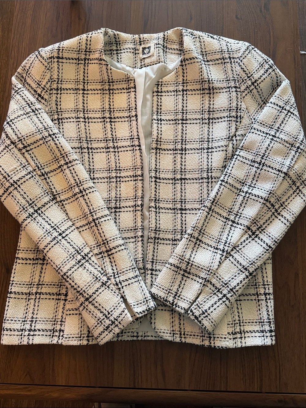 Anne Klein Cream and Black Plaid Tweed Collarless Jacket